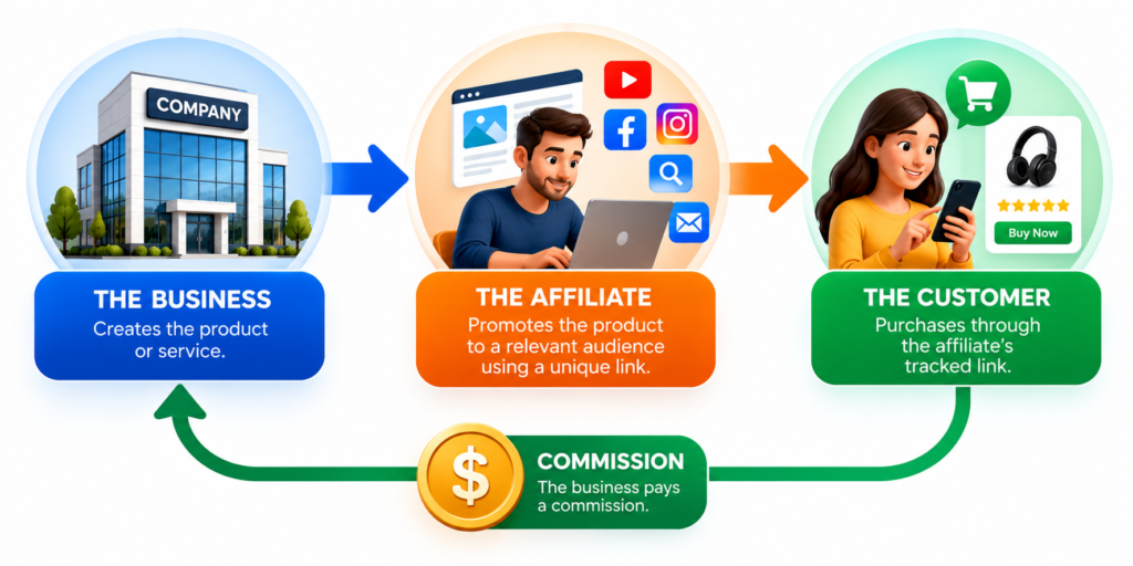 Affiliate marketing diagram showing a business, affiliate marketer, customer, and commission payment