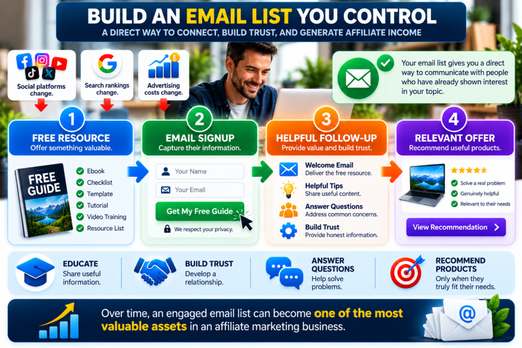 Affiliate marketing email list funnel showing a free resource, email signup, helpful follow-up, and relevant product offer