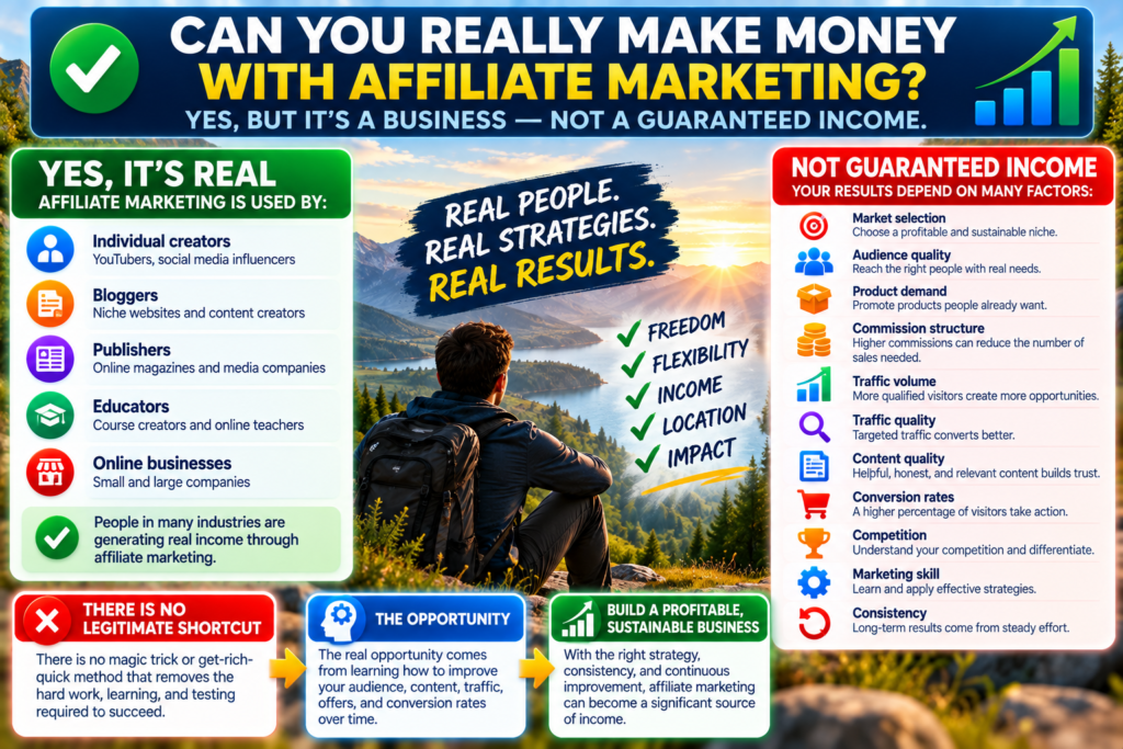 Affiliate marketing infographic explaining that income is possible but depends on market selection, audience quality, product demand, commissions, traffic, content, conversions, competition, skill, and consistency