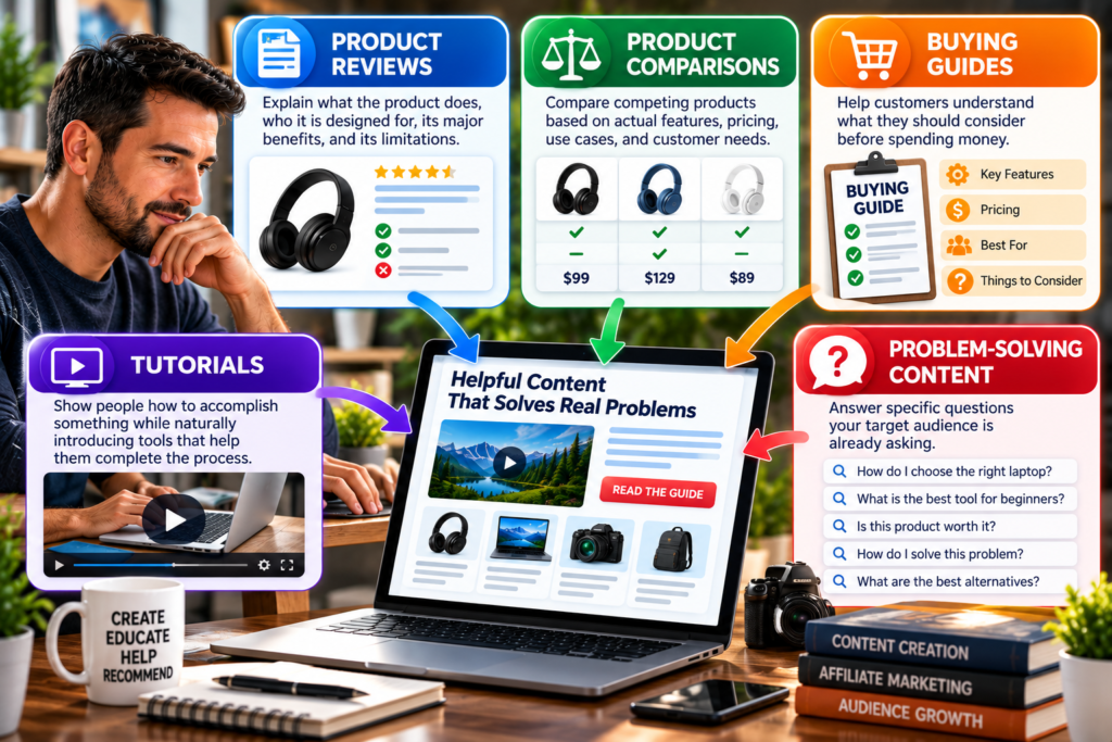 Affiliate marketing content strategy showing product reviews, product comparisons, buying guides, tutorials, and problem-solving content that attracts potential buyers