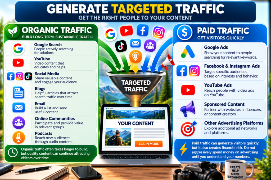 Affiliate marketing targeted traffic infographic comparing organic traffic from search, YouTube, social media, blogs, email, communities, and podcasts with paid traffic from ads and sponsored content