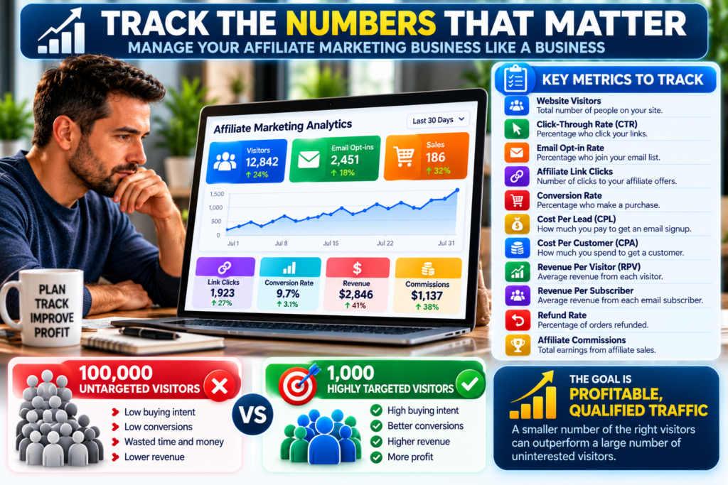 Affiliate marketing analytics infographic showing website visitors, click-through rate, email opt-ins, affiliate link clicks, conversion rate, costs, revenue, refunds, and commissions