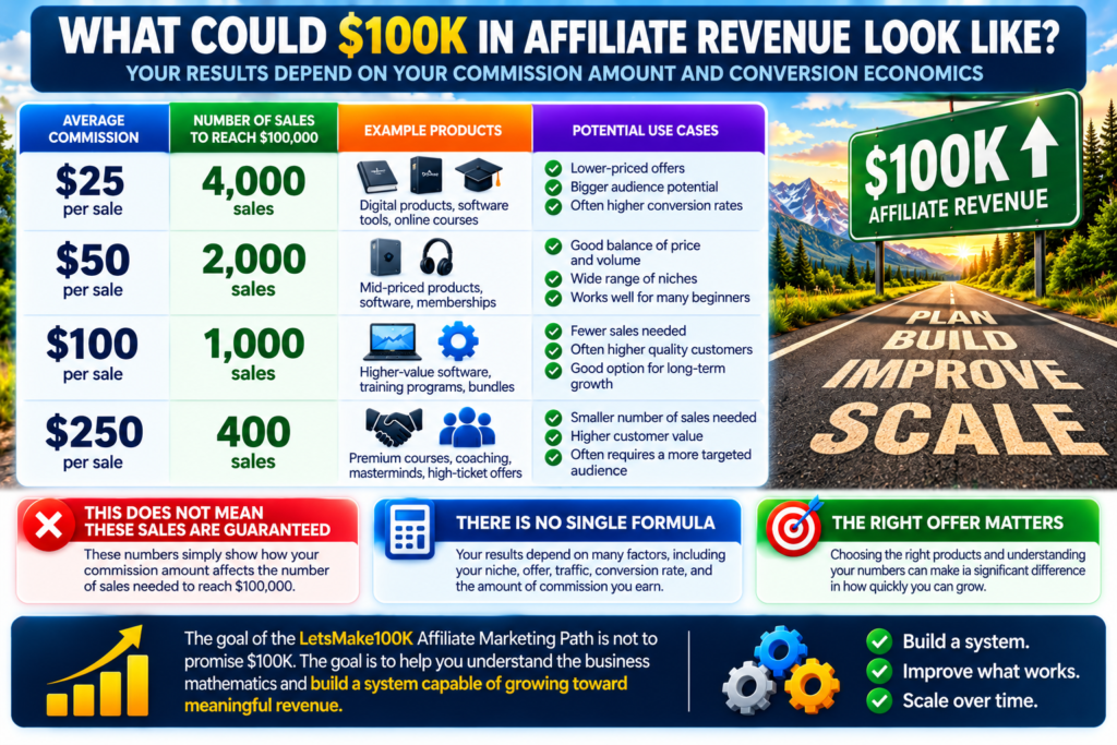 Affiliate revenue example showing how $25, $50, $100, and $250 average commissions affect the number of sales needed to reach $100,000